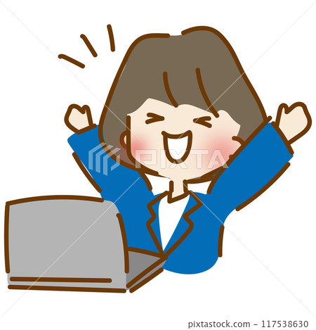 A cute and relaxed office worker woman who is happy after finishing her computer work 117538630