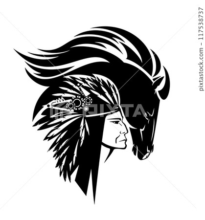 native american chief and mustang horse spirit black and white vector head portrait 117538737