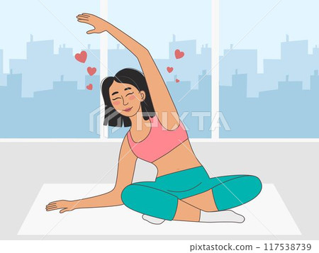 Young woman of Asian appearance stretching on mat against backdrop of metropolis Young woman of Asian appearance stretching on mat against backdrop of metropolis 117538739
