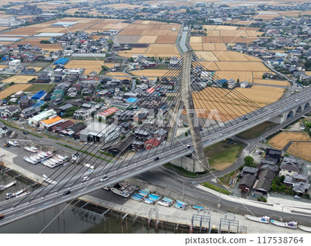 Aerial view of the Yabegawa Ohashi concrete cable-stayed bridge Aerial view of the Yabegawa Ohashi concrete cable-stayed bridge 117538764