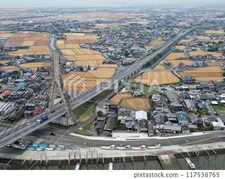 Aerial view of the Yabegawa Bridge and surrounding area on the Ariake Sea coastal road Aerial view of the Yabegawa Bridge and surrounding area on the Ariake Sea coastal road 117538765