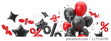 Footer with floating percentage symbols, balloons and stars, isolated on white background. Special offers and discounts. Modern border. Black and red colors. Bottom of the sheet. Foreground. 3D. 117538780