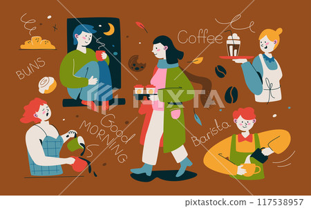 Good morning with coffee - modern colored vector illustration set Good morning with coffee - modern colored vector illustration set 117538957
