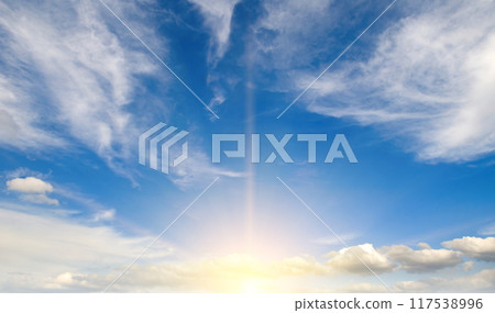 Blue sky with clouds and bright sun. Wide photo. Blue sky with clouds and bright sun. Wide photo. 117538996
