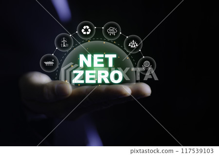 Net zero icon on businessman hand. Net zero for environmental, social, sustainable and ethical. clean energy icon around it. Net zero emission Idea innovative carbon neutrality in 2050. Net zero icon on businessman hand. Net zero for environmental, social, sustainable and ethical. clean energy icon around it. Net zero emission Idea innovative carbon neutrality in 2050. 117539103