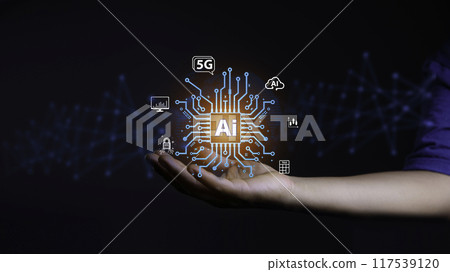 Machine learning data analysis and data management, Businessman holding AI icon global networks. Data analysis using artificial intelligence is essential. Cyber security using AI is essential. Machine learning data analysis and data management, Businessman holding AI icon global networks. Data analysis using artificial intelligence is essential. Cyber security using AI is essential. 117539120