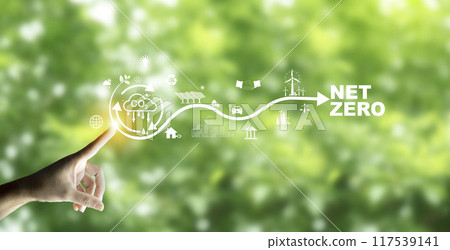 Businessman points at Carbon neutrality icon, Green Energy Renewable Sustainable concept. Net zero emission Idea innovative. carbon neutrality in 2050. Carbon credit market concept. Businessman points at Carbon neutrality icon, Green Energy Renewable Sustainable concept. Net zero emission Idea innovative. carbon neutrality in 2050. Carbon credit market concept. 117539141