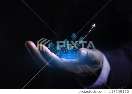 Investment wealth stock. Stock market charts on hand businessman, Business data analyzing growth in the digital. concept growing power of the compound interest. success wealth stock investment.. 117539150