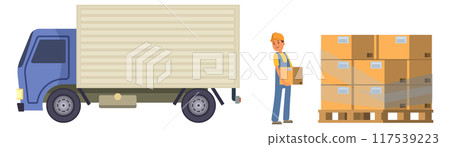 Shipping truck loading. Worker carry cardboard box Shipping truck loading. Worker carry cardboard box 117539223