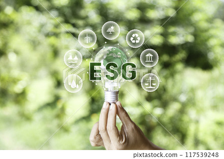 Esg in hand light bulb on green nature background green energy icon around. Investing in environmental, social, governance or Investing ESG in industry. ESG investment. Green renewable energy concept Esg in hand light bulb on green nature background green energy icon around. Investing in environmental, social, governance or Investing ESG in industry. ESG investment. Green renewable energy concept 117539248
