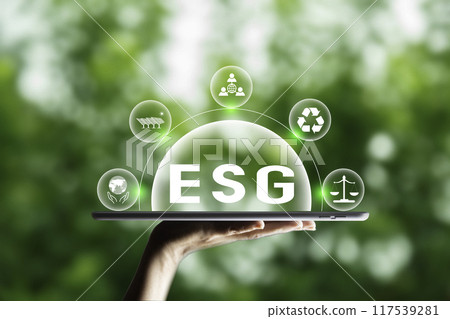 Green Energy Renewable sustainable. ESG on smartphone at nature green grass background. green energy icon around it. Carbon dioxide emission in industry net zero carbon concept. 117539281