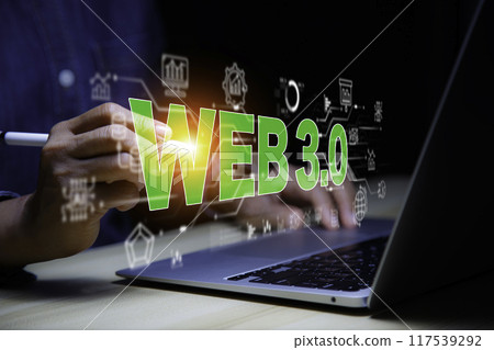 Web3.0 concept. man working using smartphone web3.0 with globe on Futuristic virtual screen interface Technology.network connection Wireless devices around the world Information technology essential 117539292