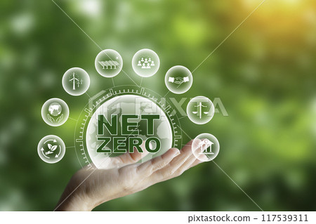 Net zero in 2050 year, ESG eco concept  for environmental, social, sustainable and ethical,  net zero icon in light bulb on green nature with clean energy icon around it on green grass background.. 117539311