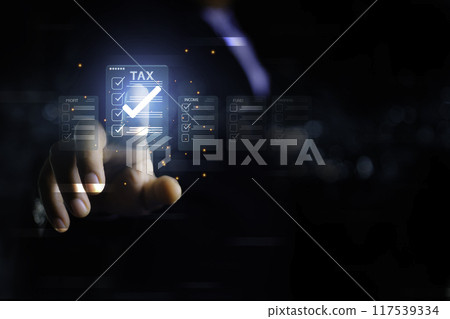 income tax. Businessman pointing to tax icon. income tax system icon around. pay online income tax. futuristic virtual screen interface technology.Money saving ideas in the age of virtual technology.. income tax. Businessman pointing to tax icon. income tax system icon around. pay online income tax. futuristic virtual screen interface technology.Money saving ideas in the age of virtual technology.. 117539334