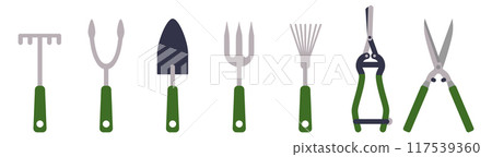 Gardening tools icon set. Soil work equipment Gardening tools icon set. Soil work equipment 117539360