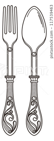 Vintage spoon and fork. Ornate decorative cutlery line drawing Vintage spoon and fork. Ornate decorative cutlery line drawing 117539463