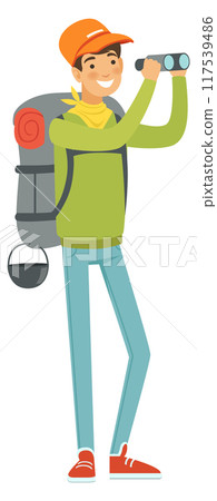Camping tourist with binoculars. Nature travel cartoon character Camping tourist with binoculars. Nature travel cartoon character 117539486
