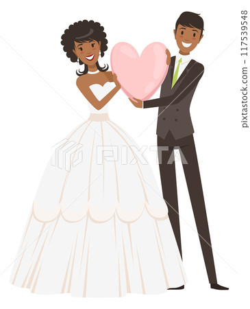 Bride and groom hold heart. Wedding cartoon icon Bride and groom hold heart. Wedding cartoon icon 117539548