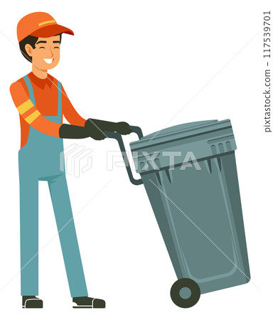 Worker pushing trash can. Garbage cleaning service Worker pushing trash can. Garbage cleaning service 117539701