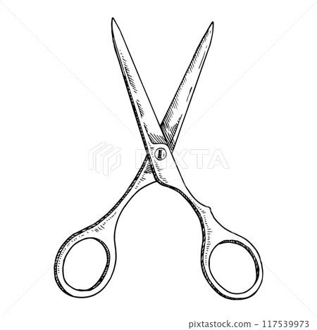 Vintage hand-drawn illustration of hairdressing scissors and salon equipment. The graphic emphasizes the precision and artistry involved in hairstyling, making it ideal for barbershop-related content 117539973