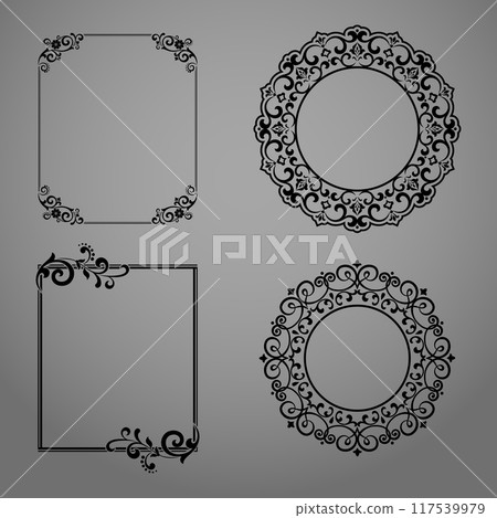 Set of decorative frames Elegant vector element for design in Eastern style, place for text. Floral black and gray borders. Lace illustration for invitations and greeting cards Set of decorative frames Elegant vector element for design in Eastern style, place for text. Floral black and gray borders. Lace illustration for invitations and greeting cards 117539979