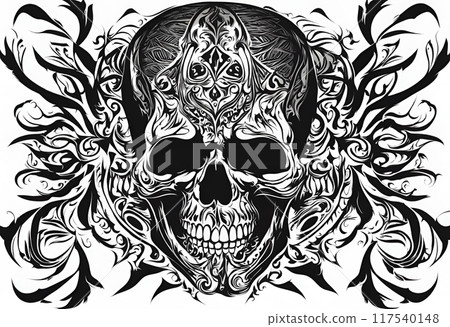 Tribal illustration of a black skull on a white background 117540148