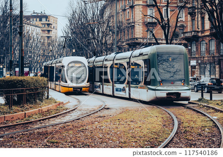 Milan tram in winter Milan tram in winter 117540186