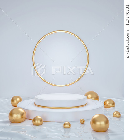 Display podium, pedestal with liquid foundation, gold spheres, white cream fluid flow, showcase for beauty product, cosmetics promotions, 3d rendering 117540331
