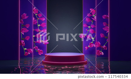 Blank podium stand with neon lights, display podium, purple lights, liquid floor, futuristic showcase for product presentation, 3D rendering 117540334