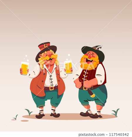 Vector illustration. Two jolly men with large mustaches, dressed in traditional Bavarian outfits, laughing while holding frothy beers. Cartoon art style. Vector illustration. Two jolly men with large mustaches, dressed in traditional Bavarian outfits, laughing while holding frothy beers. Cartoon art style. 117540342