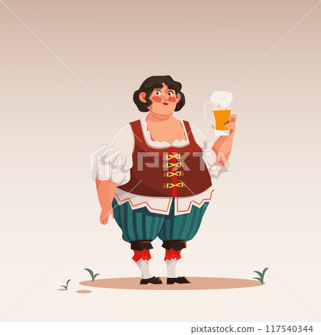 Vector illustration. Cheerful woman in traditional Bavarian dress holds frothy beer mug with contented smile. Cartoon art style. 117540344