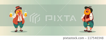 Banner. Vector illustration. Two cheerful men in traditional Bavarian attire, holding two beer mugs and laughing. Cartoon art style. Copy space. 117540348