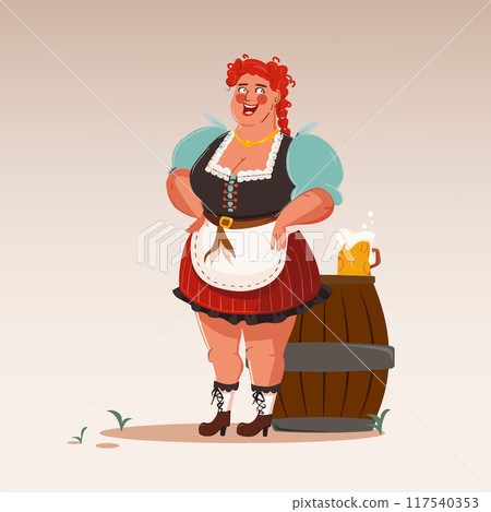 Vector illustration. Jovial red-haired woman in traditional Bavarian dress stands confidently beside beer barrel. Cartoon art style. 117540353