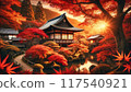 被秋葉和夕陽染紅的寺廟 117540921