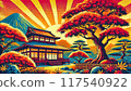 被浮世繪風格的秋葉和夕陽染紅的寺廟 117540922