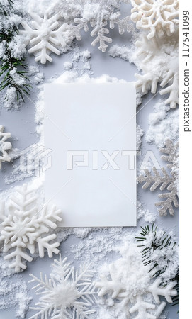 Blank white card surrounded by snowflakes on gray background, perfect for winter holiday invitations 117541099