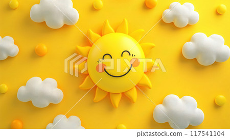 Smiling 3D sun with fluffy clouds on bright yellow background, perfect for kids decor and fun designs 117541104