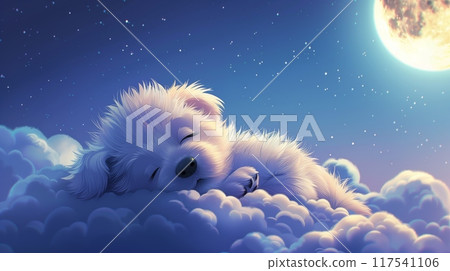 A fluffy white puppy sleeping on a cloud under a starry night sky with a moon. Good night 117541106