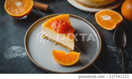 Fresh orange marmalade-topped cheesecake slice with orange slices on a plate. Creamy dessert. 117541123