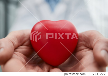 The doctor holds and shows a red heart. The doctor holds and shows a red heart. 117541277