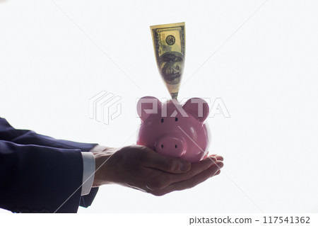 Hand puts a banknote in a piggy bank on a white background 117541362