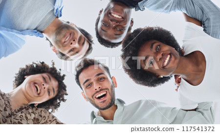 Closeup portrait, bottom view, happy faces of different team employees standing in circle 117541372
