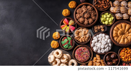 Dussehra celebration background with traditional indian sweets and treats 117541699