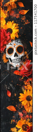 Dia de los muertos celebration background with colorful flowers and sugar skull 117541700