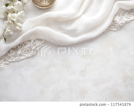 Elegant yom kippur background with white fabric and floral decorations for holiday design 117541879