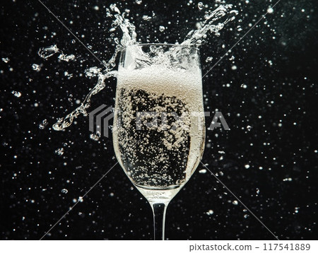 Elegant celebration with splashes of champagne against a black background 117541889