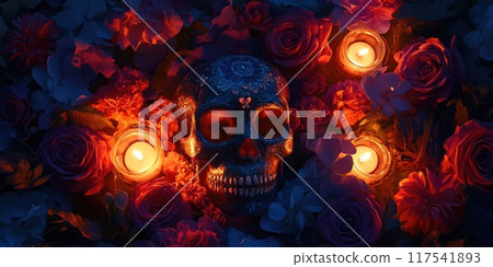 Dia de los muertos themed background with floral arrangement and candlelight for festive design 117541893