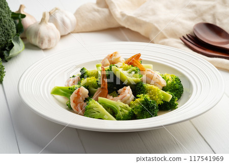 Stir Fried Broccoli with Shrimp in white plate.Healthy menu. Stir Fried Broccoli with Shrimp in white plate.Healthy menu. 117541969