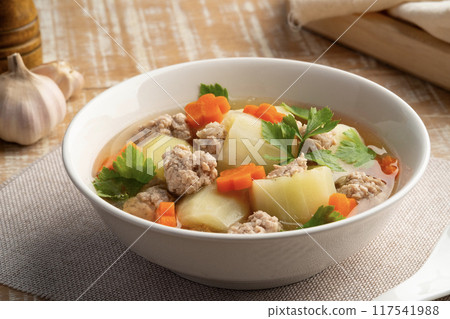 Stuffed Cucumber with minced pork soup (Gang Jued Tang Gwa Yad Sai) ,Clear soup combined with cucumber filled with marinated minced pork. 117541988