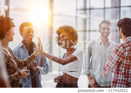 Successful business people giving each other a high five in a meeting 117542021